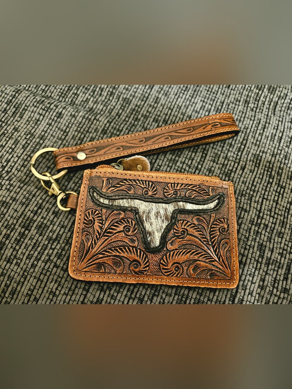 Tooled Leather Card & Key Wristlet with Longhorn Accent - Brown